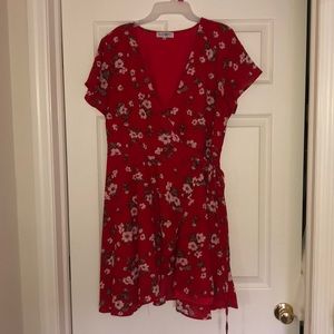 Red floral wrap mini dress